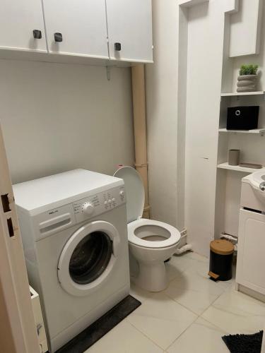 une salle de bain avec machine à laver et toilettes dans l'établissement Charmant Appartement à Tours, à Tours