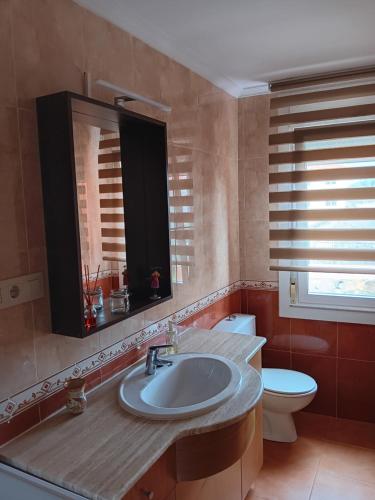 a bathroom with a sink and a toilet and a mirror at Casa Regina Baiona ideal familias Peregrinos y parejas, cerca del camino y de la playa in Baiona