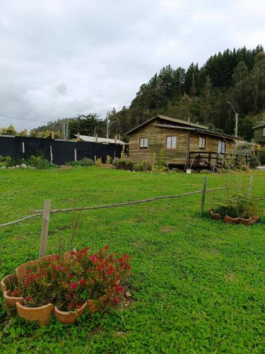 a yard with a house and some flowers in a yard at El Sauce hospedaje in Cobquecura