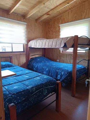 ein Schlafzimmer mit zwei Etagenbetten in einer Kabine in der Unterkunft El Sauce hospedaje in Cobquecura