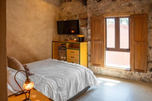 a bedroom with a bed and a tv and a window at ¡Carlo Crivelli Master: el estilo en Val'Quirico! in Santeagueda