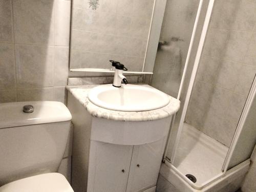 une salle de bain avec un lavabo, des toilettes et une douche dans l'établissement Appartement 2 Pièces aux Pieds des Pistes, Terrasse, Proche Remontées - FR-1-771-53, à Les Adrets