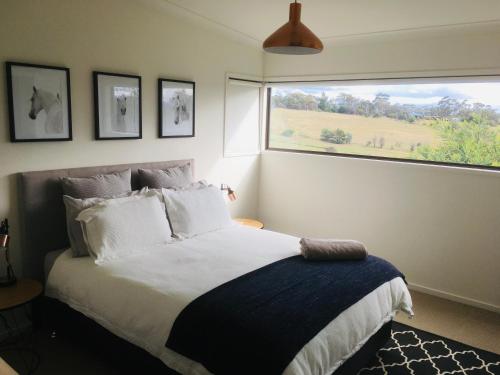 una camera da letto con un letto grande e una finestra di Architecturally Designed Rural Retreat a Forcett