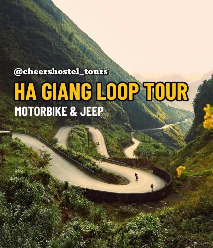 a winding road in the mountains with the words hfa gang loop tour at Cheers Du Gia Homestay - Ha Giang Loop Cheers Tours in Làng Cac