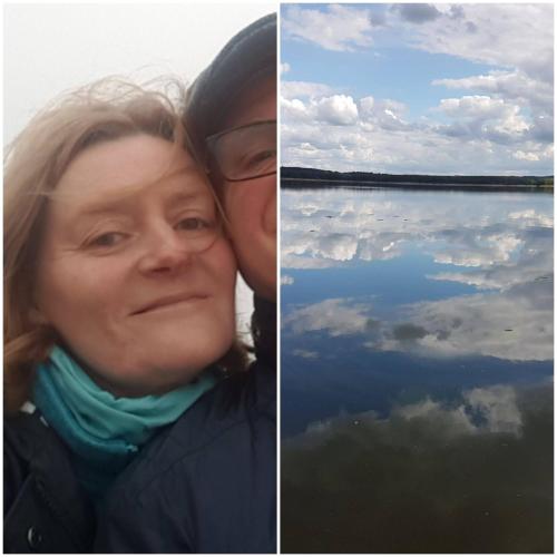 two pictures of a woman and a body of water at Ferienwohnungen am Malchiner See in Bülow
