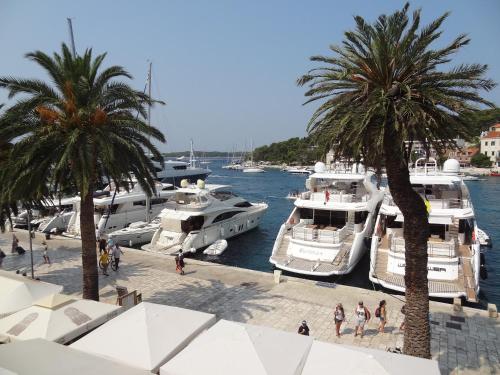 un grupo de barcos atracados en un puerto deportivo con palmeras en Inn Town Center en Hvar