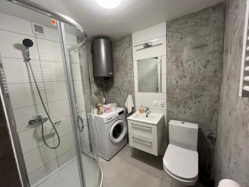 ein Bad mit einer Dusche, einem WC und einer Waschmaschine in der Unterkunft Apartament Parkowy in Jedlina-Zdrój