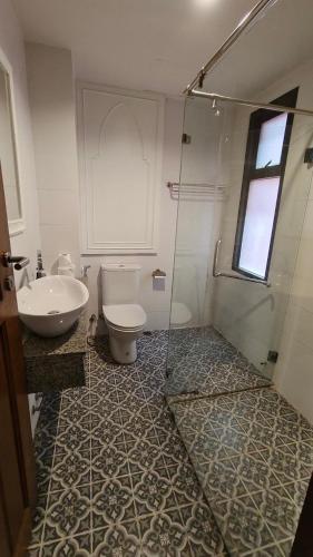 a bathroom with a sink and a toilet and a shower at The Boone Hotel in Chiang Mai