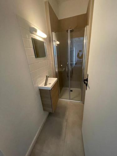 une salle de bain avec douche et lavabo dans l'établissement Hotel Clermont Airport, à Aulnat