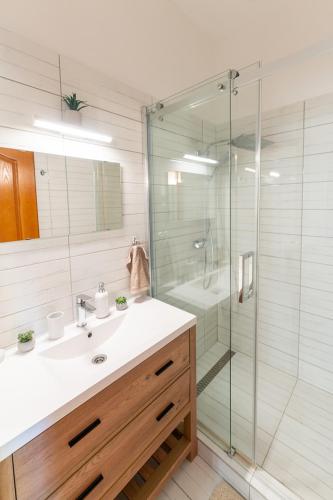 a bathroom with a sink and a glass shower at Erdődy Vendégház in Kastélyosdombó