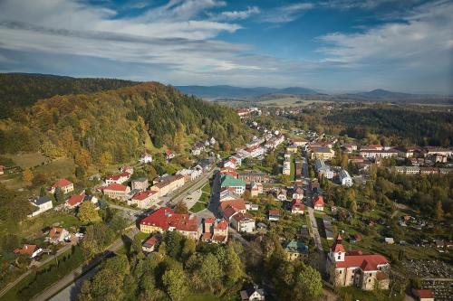 an aerial view of a small town in a forest at Apartmán - Dovolená Žacléř in Žacléř