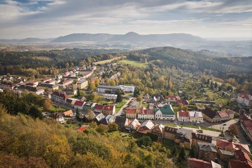 an aerial view of a small town in the mountains at Apartmán - Dovolená Žacléř in Žacléř