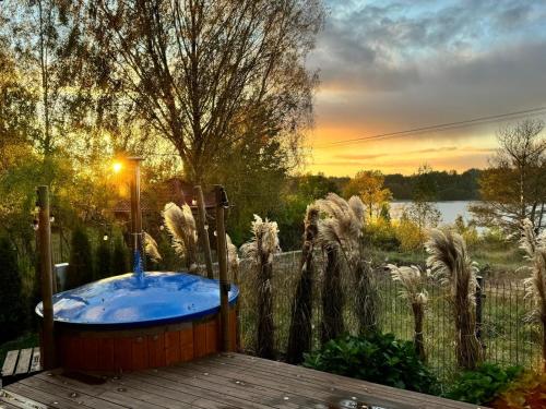 a jacuzzi tub in a garden with a lake at Karmelowe Domki Kaszuby, z jacuzzi na tarasie z widokiem na jezioro in Stężyca