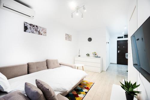 a white room with a bed and a couch at Jasmine Luxury Aviatiei in Herăstrău