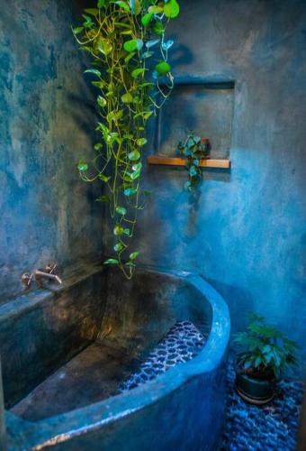 a blue bathroom with a tub with a plant in it at CASA DE COUGLETTA - Artist retreat, stunning views in Santa Fe