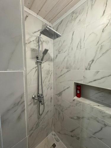 a bathroom with a shower with white marble walls at Заграйка in Snidavka