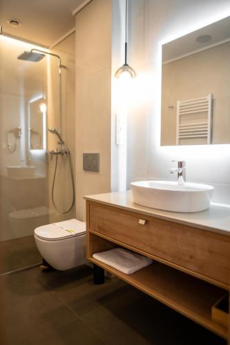 a bathroom with a sink and a toilet and a mirror at No Pardon Hotel in Satu Mare