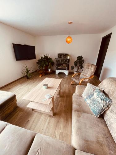 a living room with a couch and a coffee table at Dolpo 55 in Benešov