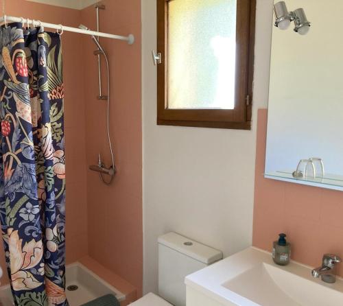 a bathroom with a toilet and a shower curtain at Casa Bauxells in Sahorre
