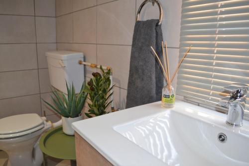 Un baño con un lavabo blanco y un inodoro. en Self Catering Unit - Meadow Mist, en Dullstroom