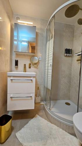 une salle de bain avec une douche, des toilettes et un lavabo dans l'établissement Paris Sacré Cœur Arev Sur les pas d Emily in Paris, à Paris