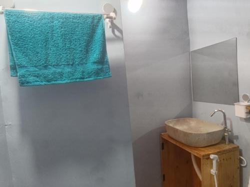 a bathroom with a sink and a green towel at Peaceful Abode in Auroville