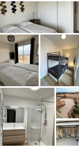 un collage de quatre photos d'une chambre dans l'établissement Villa Karma, à Fitou