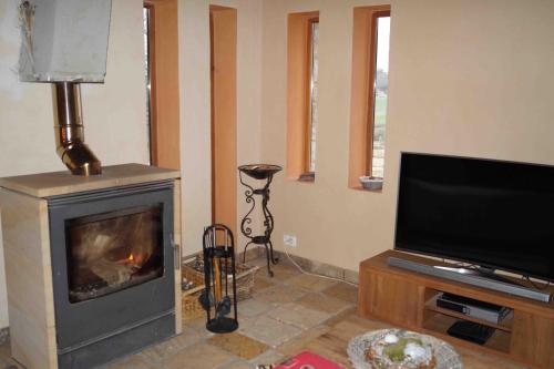 a living room with a fireplace and a television at Maison Time-out in Villevieille