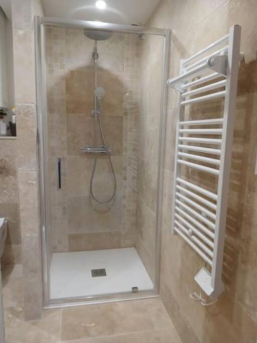 une douche avec une porte vitrée dans une salle de bain dans l'établissement Studio avec terrasse, à Herbignac
