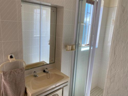 a bathroom with a sink and a mirror at River Paradise in Bushmans River Village