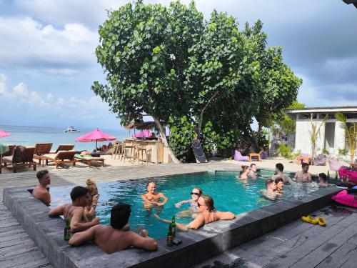 eine Gruppe von Menschen sitzt in einem Schwimmbecken in der Unterkunft Lushy Hostel Nusa Penida in Nusa Penida