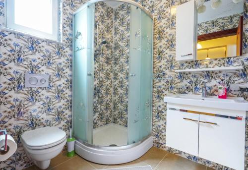 a bathroom with a shower and a toilet and a sink at Villa Misli - Heart of Dalyan and Newly Renovated in Dalyan