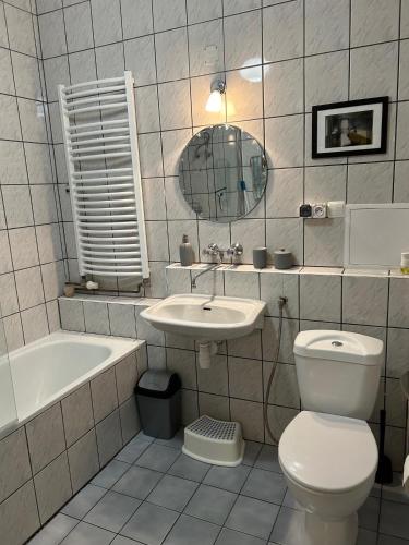 a bathroom with a toilet and a sink and a tub at Apartament u Maliny in Krynica Zdrój