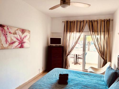 a bedroom with a blue bed with a cat sitting on it at Lagos Marina view apartment near beaches and shops in Lagos