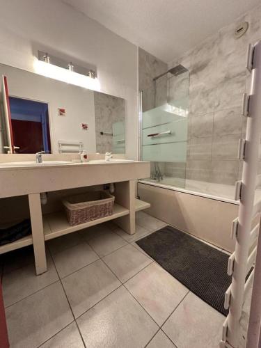 une salle de bain avec un lavabo et une douche dans l'établissement Eagle - appartement 6, à Moliets-et-Maa