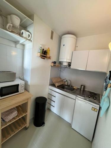 une petite cuisine avec une cuisinière et un micro-ondes dans l'établissement Studio Armazan F, à Saint-Lary-Soulan
