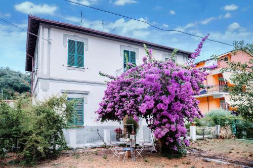 a house with a large purple bush in front of it at Casa elegante in mezzo al verde in La Spezia