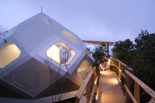 a building that is sitting on a wooden walkway at The Hive - Cloud at Misty Mountain Reserve in Stormsrivier