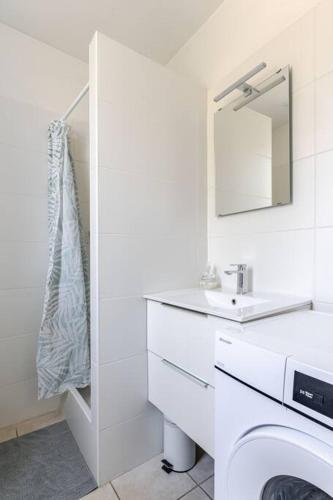 La salle de bains blanche est pourvue d'un lavabo et d'un lave-linge. dans l'établissement Chez Jean-Louis, à Tavernes