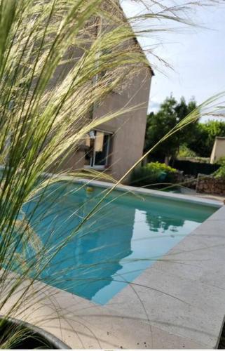 - une piscine en face d'une maison avec de l'herbe haute dans l'établissement Villa en Provence, à Pernes-les-Fontaines