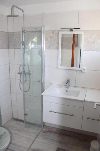 a bathroom with a shower and a sink at Ostseepirat in Damp