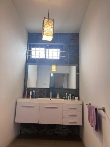 a bathroom with a sink and a mirror at Teisha House in Souillac
