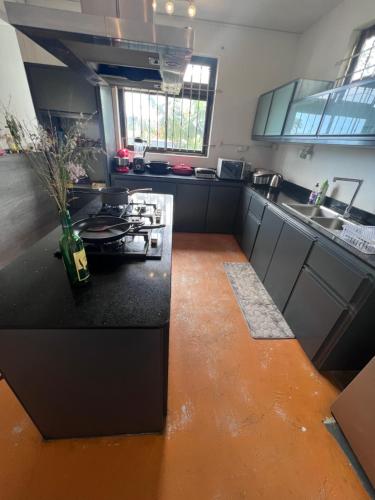 a kitchen with a stove and a counter top at Teisha House in Souillac