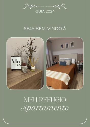 a collage of two pictures of a bedroom with a bed at Meu Refugio Apartamento in Silveira