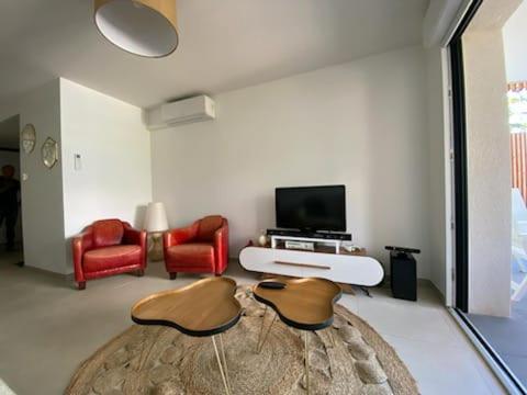 - un salon avec deux chaises et une télévision à écran plat dans l'établissement BORD DU LAC COCOON DU LAC Draps et linge de maison ménage INCLUS, à Savines