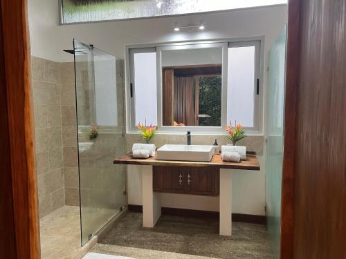 a bathroom with a sink and a shower at Casa Viva Eco Lodge in Puerto Viejo