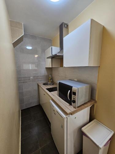 a small kitchen with a microwave and a sink at Royal Apartments & Rooms in Zagreb