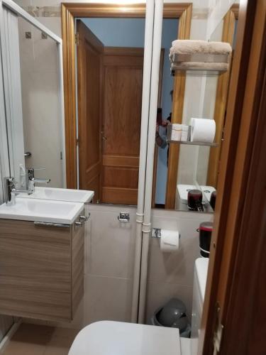a bathroom with a sink and a toilet and a mirror at Pensión Casa do Gallo Sarria in Sarria