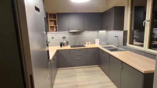 a kitchen with gray cabinets and a sink at Patras Aura - Old Town in Patra