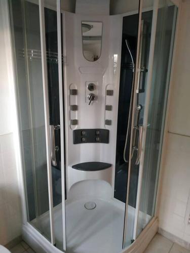 une salle de bain avec douche et toilettes dans l'établissement Petite maison à la campagne, à La Selle-Craonnaise